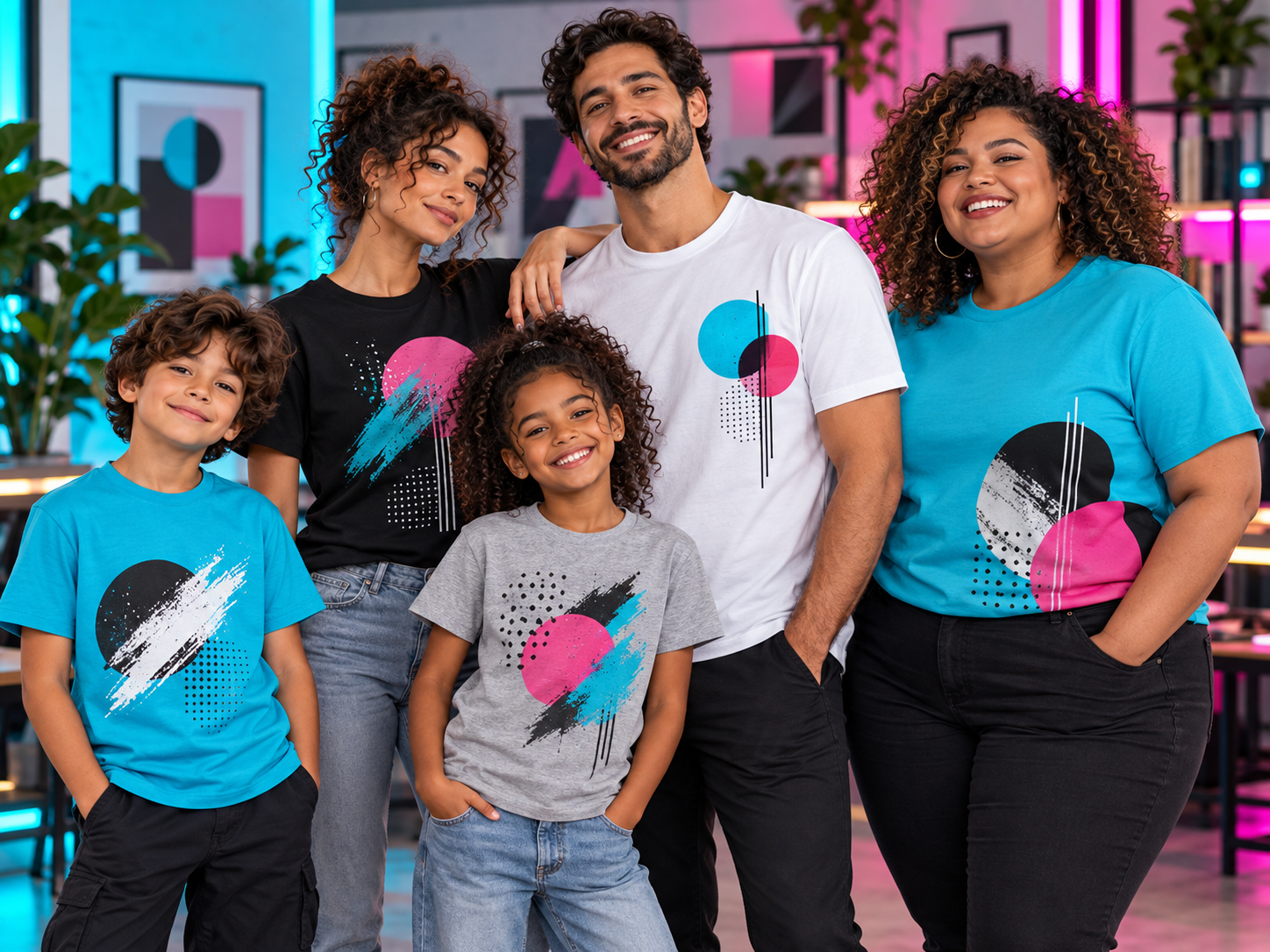 Adultos e crianças usando camisetas personalizadas em diferentes modelagens