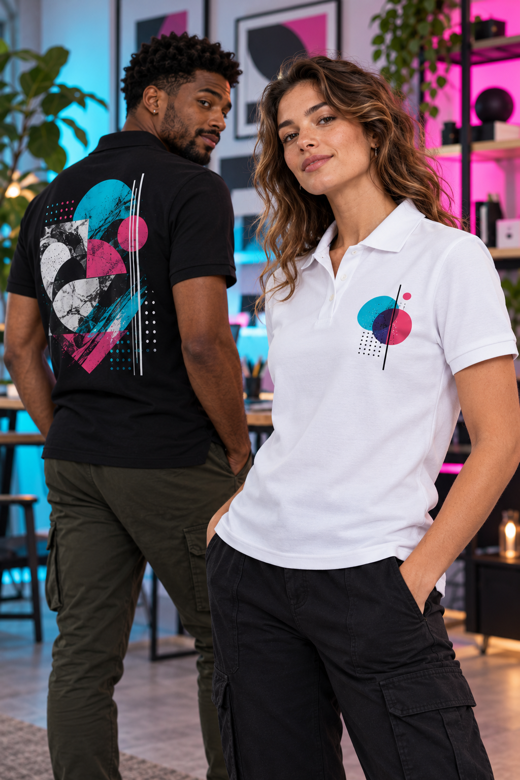 Homem e mulher usando camisas polo personalizadas